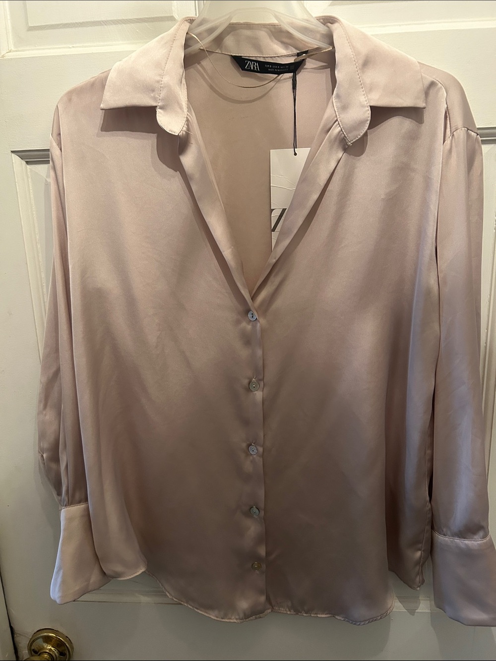 ZARA Satin Champagne Button-Down Shirt NWT